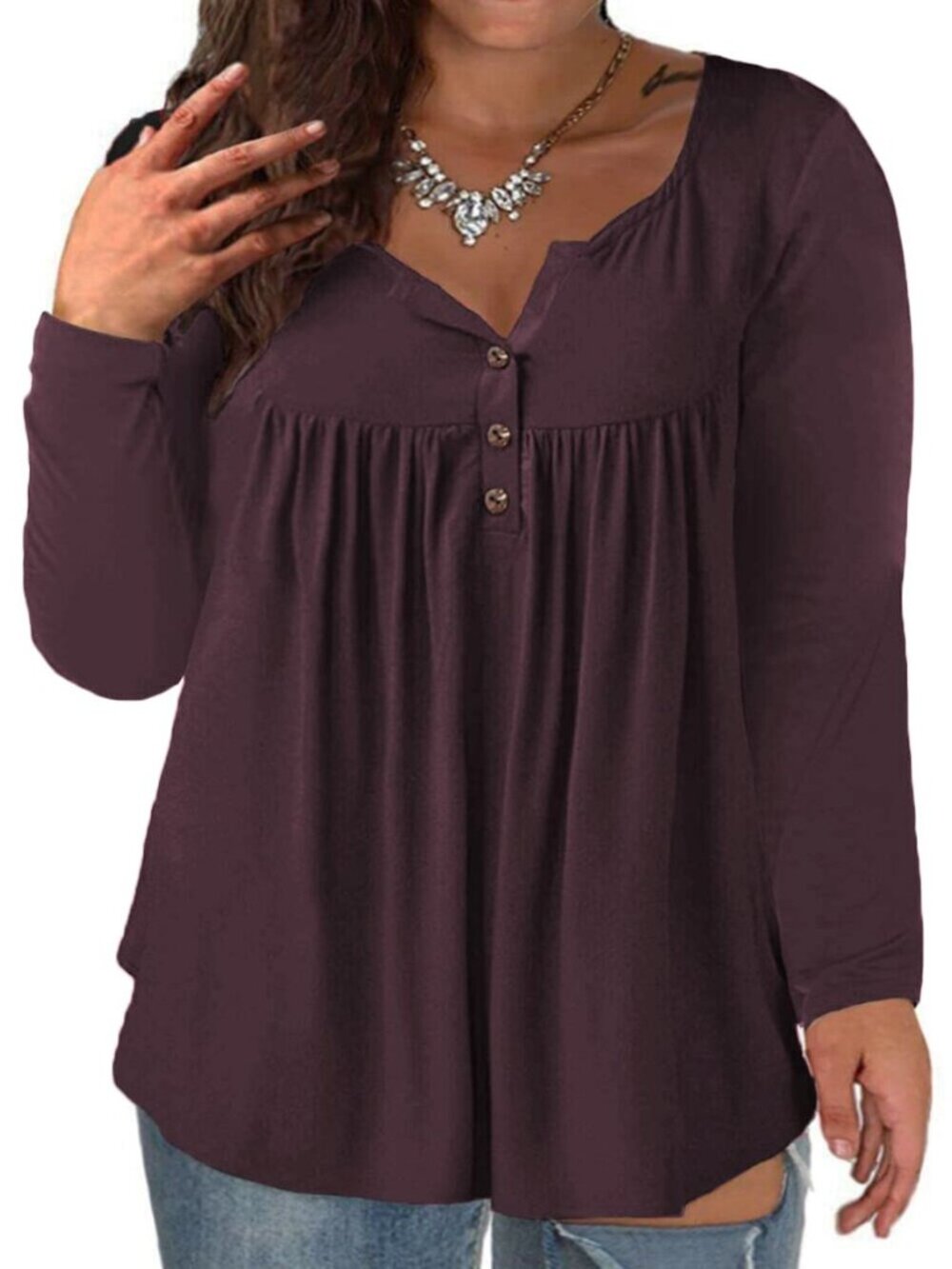Women's Plus Size Henley Shirts Long Sleeve Tops Buttons Up Blouses Pleated